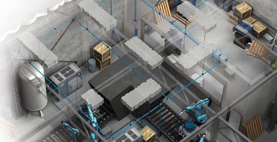 Plant floor rendering showing compressed air distribution piping with white clouds representing leaks escaping at fittings, drops, and machinery throughout the facility.